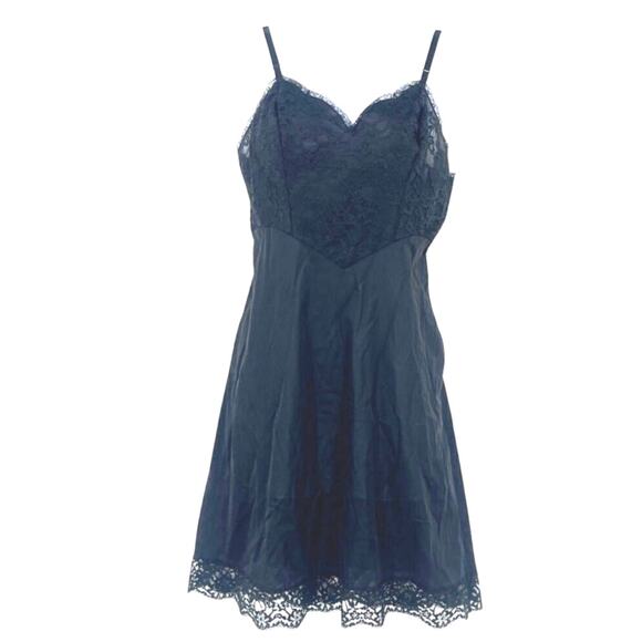 Vintage 90s Vanity Fair Basque Waist Slip Dress Sz S Y2K Black Lace Whimsigoth - Picture 1 of 12